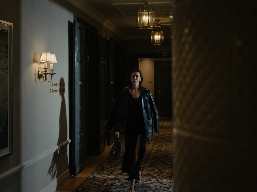 Woman walking along a dim corridor with wall lamps at Hotel Kämp