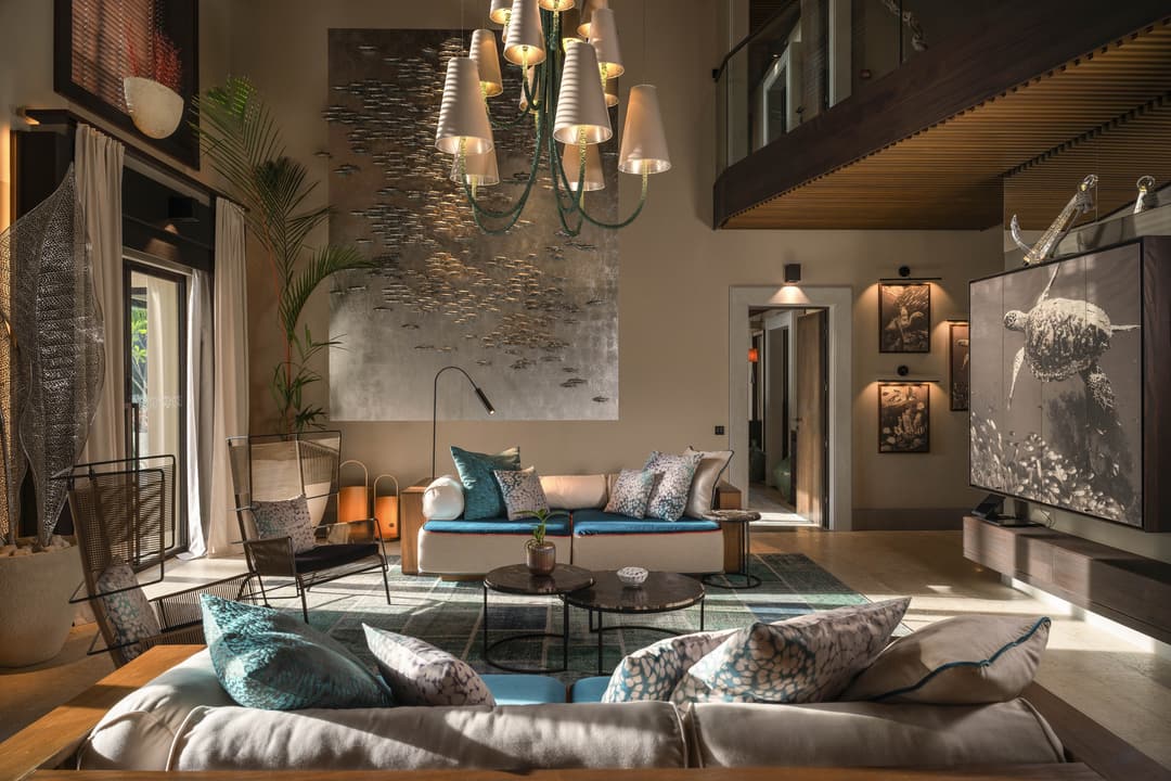Suite living room at Velaa Private Island, Noonu Atoll