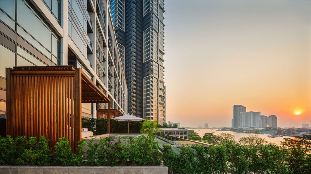 Verandah suites above the Chao Phraya at sunset, Capella Bangkok