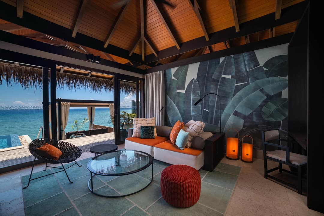 Suite living room at Velaa Private Island, Noonu Atoll