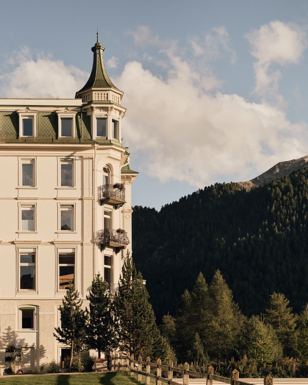 Grand Hotel Kronenhof exterior facade in summer, Pontresina