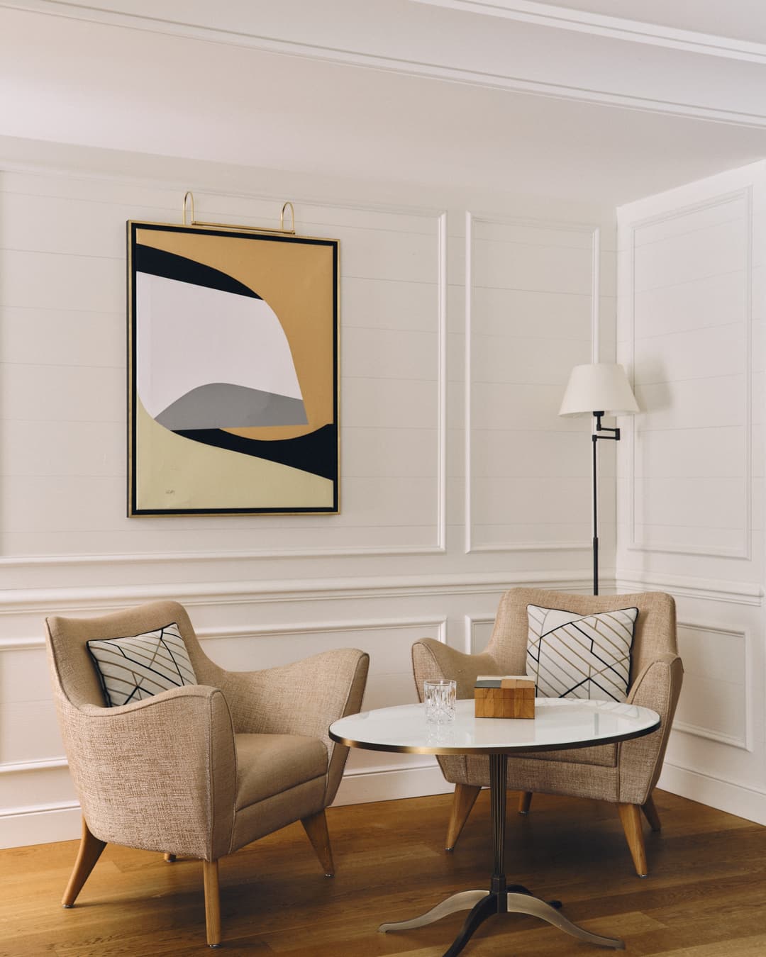 Double Deluxe room sitting area with interior details, Grand Hotel Kronenhof, Pontresina