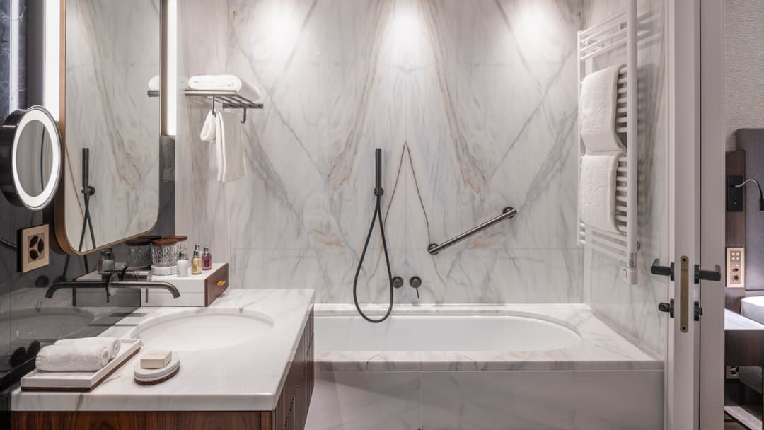 Marble bathroom at Grand Hotel des Bains Kempinski St. Moritz, St. Moritz Bad