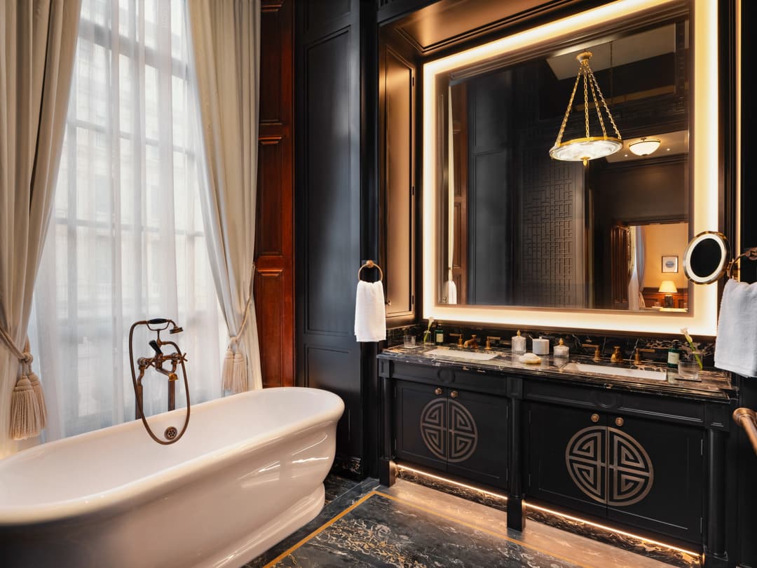 Marble bathroom at Raffles London at The OWO, Whitehall