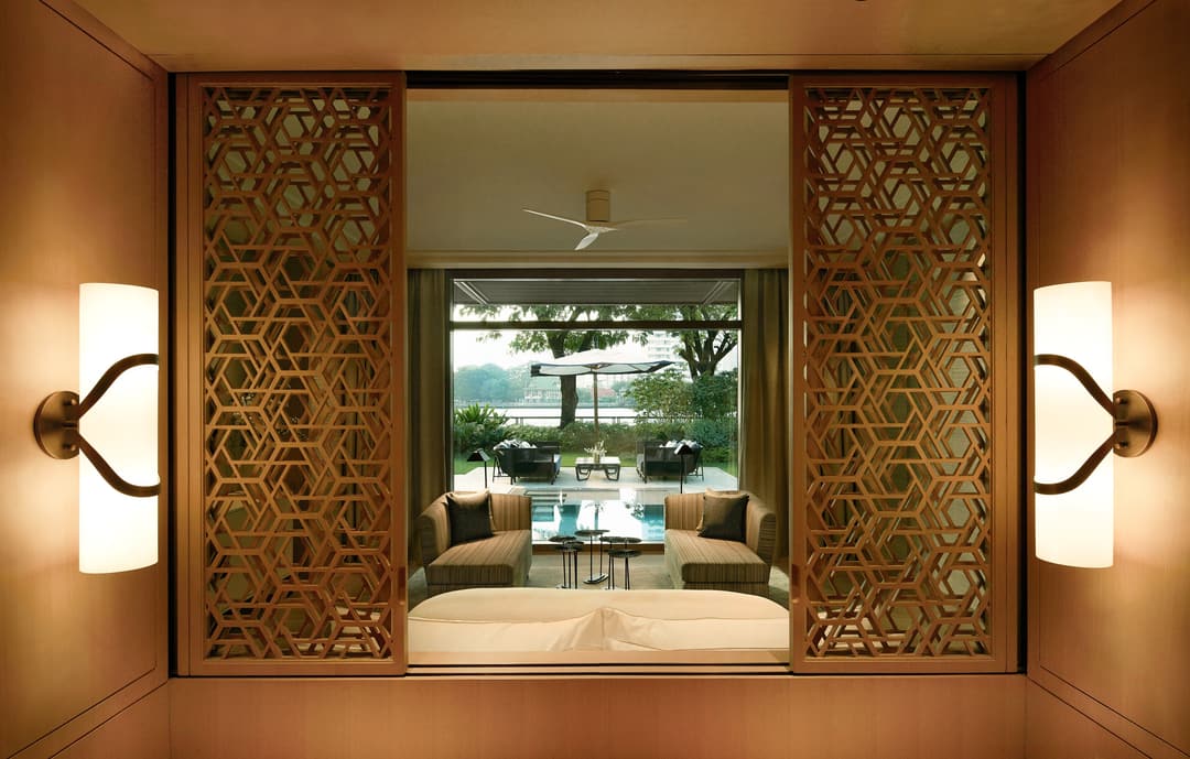 The Presidential Villa at Capella Bangkok, looking through to its pool and the Chao Phraya