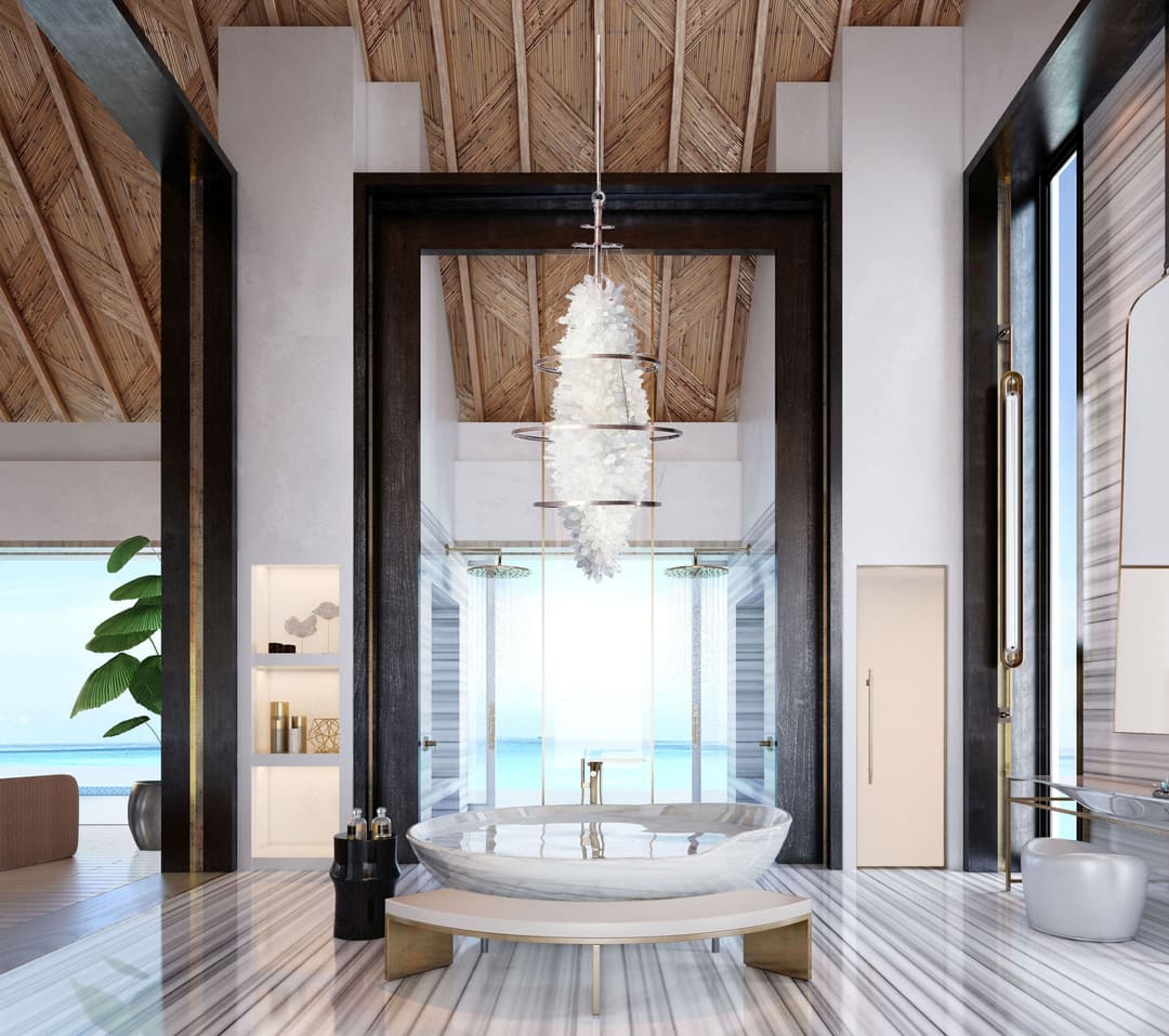 Marble bathroom at Waldorf Astoria Maldives Ithaafushi, Raa Atoll