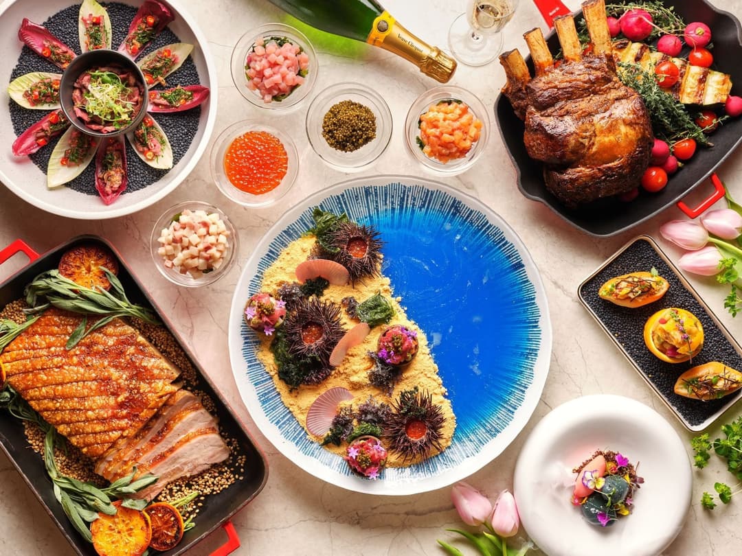 Close-Up of dishes served on table for a Christmas feast at The Fullerton Hotel Singapore, The Fullerton Bay Hotel Singapore